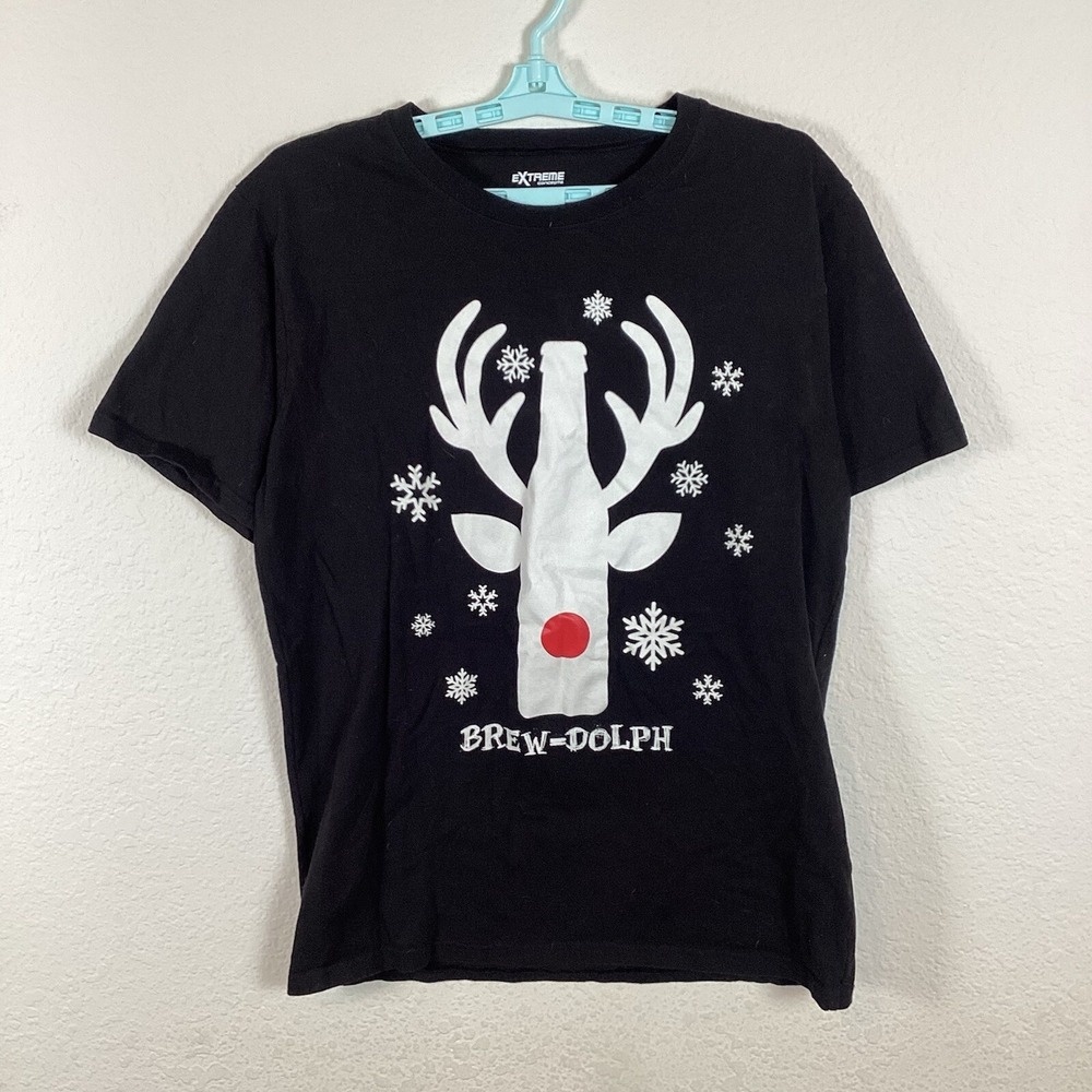 Brew-Dolph Womens Shirt Sz L Short Sleeve Top Crew Neck Black Christmas